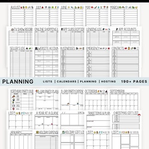 K&ouml;nnte beinhalten: Ein druckbarer Planer mit Schwarzwei&szlig;illustrationen verschiedener Symbole. Der Planer enth&auml;lt Abschnitte f&uuml;r "Zu Erinnern" und "Planung". Der Abschnitt "Zu Erinnern" enth&auml;lt Seiten f&uuml;r August, Juli, Juni, Mai und M&auml;rz. Der Abschnitt "Planung" enth&auml;lt Seiten f&uuml;r die Planung von Geburtstagsfeiern, einen Jahres&uuml;berblick, Traditionen und Pl&auml;ne sowie Weihnachtsgeschenkeliste. Der Planer enth&auml;lt auch Seiten f&uuml;r Listen, Kalender und Hosting.