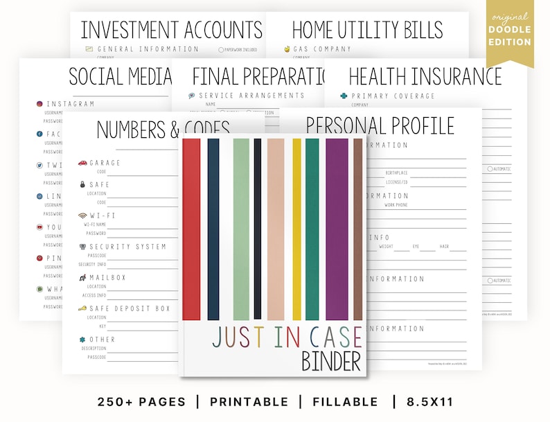 May include: A printable binder with a colorful striped cover and the text "Just in Case Binder". The binder is designed to help organize important information, including investment accounts, home utility bills, social media, final preparations, health insurance, and personal profile.