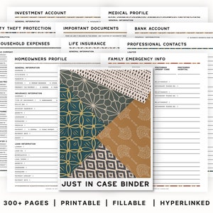 May include: A printable "Just in Case" binder with a boho design featuring geometric patterns in shades of brown, green, and white. The binder includes sections for important documents, medical information, household expenses, and more.