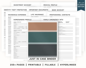 May include: A printable, fillable, and hyperlinked "Just in Case" binder with 250+ pages. The binder includes sections for important documents, medical information, household expenses, investment accounts, life insurance, professional contacts, and family emergency information. The cover features a brown, green, and black striped design.
