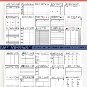 Puede incluir: Un planificador imprimible con ilustraciones en blanco y negro para organizar la vida familiar. El planificador incluye secciones para ni&ntilde;os, cultura familiar, ritmos semanales, valores familiares, calendarios de reuniones, reuniones familiares, cenas tem&aacute;ticas, tradiciones familiares y listas de valores familiares.