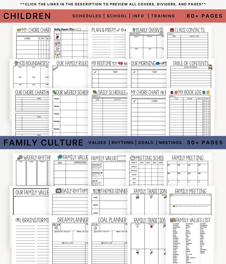 Puede incluir: Un planificador imprimible con ilustraciones en blanco y negro para organizar la vida familiar. El planificador incluye secciones para ni&ntilde;os, cultura familiar, ritmos semanales, valores familiares, calendarios de reuniones, reuniones familiares, cenas tem&aacute;ticas, tradiciones familiares y listas de valores familiares.