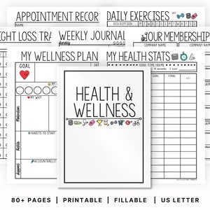 Health & Wellness Planner Printables | Fitness Nutrition Trackers | Digital PDF | Food Journal |  Weight Loss | Workout Log | Editable