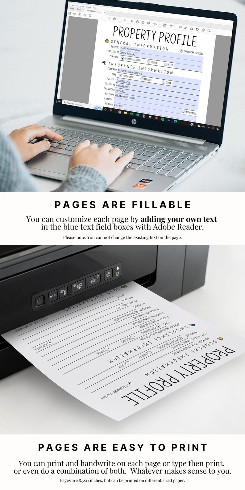 May include: A laptop computer displaying a printable property profile form. The form is designed to be filled out with Adobe Reader. The text on the form is in blue text boxes. The form includes sections for general information, insurance information, and loan information. The form is 8.5x11 inches and can be printed on different sized paper.
