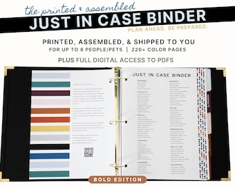 May include: A black binder with gold rings and a white label that reads "Just in Case Binder" with the text "Plan Ahead. Be Prepared." printed below. The binder is open to reveal pages with a list of topics such as "Personal", "Property", "Contacts", "Medical", "Online", "Emergencies", "Finances", "End of Life", "Expenses", "Documents", and "Contacts". The binder is labeled "Bold Edition".