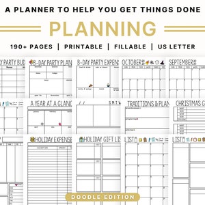 May include: A black and white printable planner with 190+ pages. The planner includes sections for birthday party budgets, holiday expenses, gift lists, and monthly calendars. The planner is designed for US letter size paper.