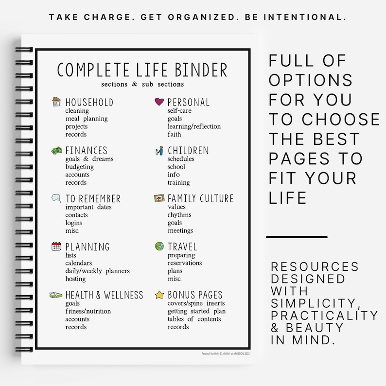 Puede incluir: Un gr&aacute;fico colorido con el texto "Complete Life Binder" y "Full of Options for You to Choose the Best Pages to Fit Your Life". El gr&aacute;fico enumera diferentes secciones para una carpeta, incluyendo hogar, personal, finanzas, ni&ntilde;os, cultura familiar, para recordar, planificaci&oacute;n, viajes, salud y bienestar, y p&aacute;ginas adicionales. El gr&aacute;fico tambi&eacute;n incluye el texto "Resources Designed with Simplicity, Practicality & Beauty in Mind."