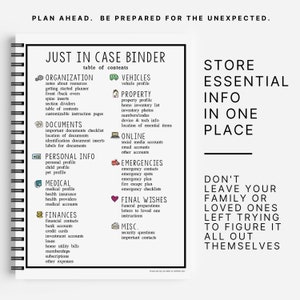 May include: A black and white graphic with the text "Just in Case Binder" and a table of contents for organizing important documents, personal information, finances, and other essential information. The graphic also includes the text "Store Essential Info in One Place" and "Don't Leave Your Family or Loved Ones Left Trying to Figure It All Out Themselves."