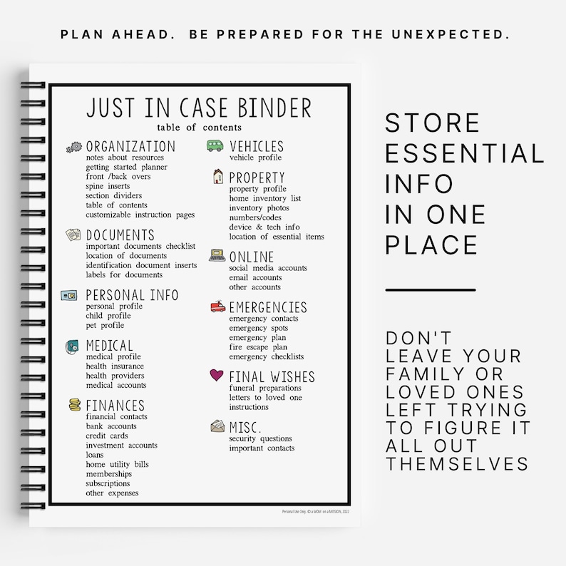 May include: A black and white graphic with the text "Just in Case Binder" and a table of contents for organizing important documents, personal information, finances, and other essential information. The graphic also includes the text "Store Essential Info in One Place" and "Don't Leave Your Family or Loved Ones Left Trying to Figure It All Out Themselves."