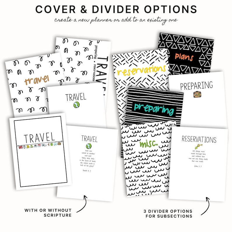 May include: A collection of printable planner covers and dividers with different designs and text. The covers include "Travel", "Reservations", "Preparing", "Plans", and "Misc.". The dividers include "Travel", "Reservations", "Preparing", and "Misc.". The text on the covers and dividers is in black and white with some colour accents. The covers and dividers are designed to be used in a planner or journal.