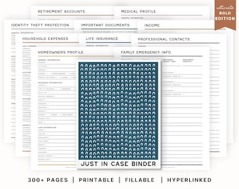 May include: A printable, fillable, and hyperlinked "Just in Case" binder with over 300 pages. The binder includes sections for retirement accounts, identity theft protection, medical profile, income, household expenses, life insurance, homeowners profile, professional contacts, and family emergency information. The cover features a teal background with a white pattern of arches.