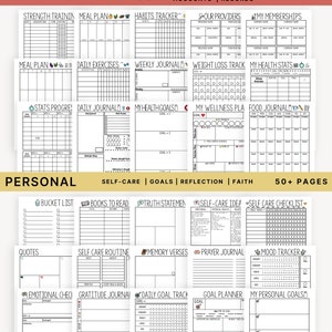 Puede incluir: Un planificador imprimible con ilustraciones en blanco y negro para la salud y el bienestar, el cuidado personal, las metas, la reflexi&oacute;n y la fe. El planificador incluye secciones para la planificaci&oacute;n de comidas, el ejercicio, el seguimiento de h&aacute;bitos, la p&eacute;rdida de peso, las estad&iacute;sticas de salud, el diario diario, el establecimiento de metas y mucho m&aacute;s. El planificador est&aacute; dise&ntilde;ado para ayudarte a alcanzar tus metas de salud y bienestar.