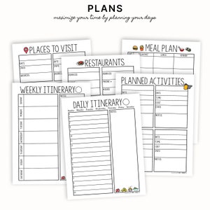 May include: A printable planner with black and white text and illustrations. The planner includes sections for places to visit, restaurants, a meal plan, a weekly itinerary, a daily itinerary, and planned activities. The planner is designed to help people maximise their time by planning their days.