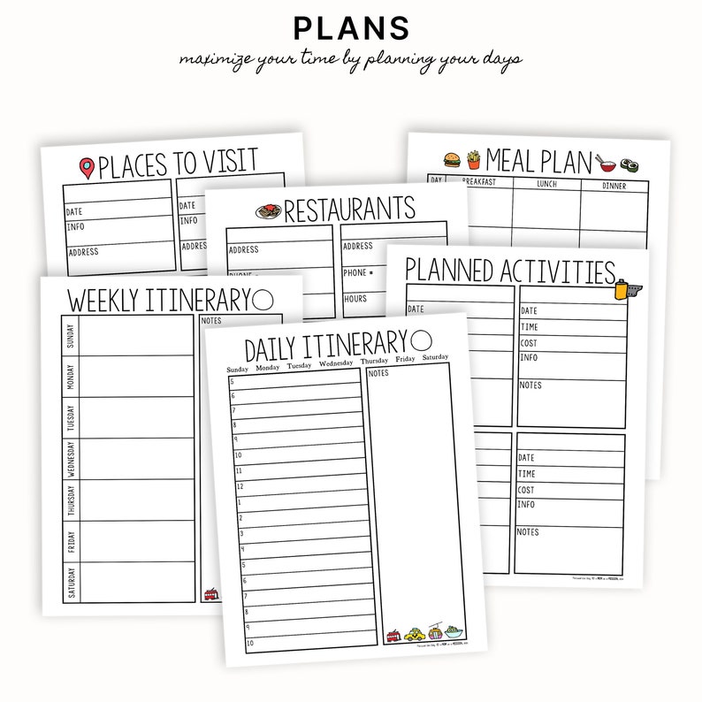 May include: A printable planner with black and white text and illustrations. The planner includes sections for places to visit, restaurants, a meal plan, a weekly itinerary, a daily itinerary, and planned activities. The planner is designed to help people maximise their time by planning their days.