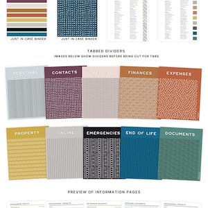 Pu&ograve; includere: Una guida per organizzare documenti e informazioni importanti. La guida include una copertina, un indice, divisori e pagine informative. Le opzioni di copertina includono una variet&agrave; di colori e motivi. I divisori sono etichettati con categorie come personale, contatti, medico, finanze, spese, propriet&agrave;, online, emergenze, fine vita e documenti. Le pagine informative includono sezioni per il profilo del proprietario, contatti professionali, conti di previdenza, documenti importanti e contatti professionali.