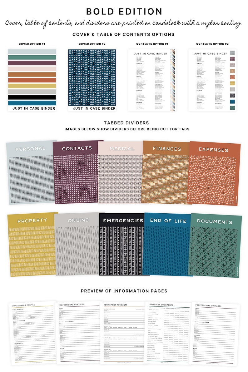Pu&ograve; includere: Una guida per organizzare documenti e informazioni importanti. La guida include una copertina, un indice, divisori e pagine informative. Le opzioni di copertina includono una variet&agrave; di colori e motivi. I divisori sono etichettati con categorie come personale, contatti, medico, finanze, spese, propriet&agrave;, online, emergenze, fine vita e documenti. Le pagine informative includono sezioni per il profilo del proprietario, contatti professionali, conti di previdenza, documenti importanti e contatti professionali.