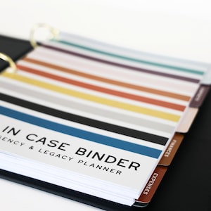 Pu&ograve; includere: Un raccoglitore nero con anelli dorati e divisori a linguette colorati etichettati "Spese", "Finanze" e "Just in Case Binder Emergency & Legacy Planner".