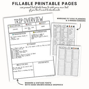 May include: Printable checklist pages for a trip to Colorado. The pages include a trip overview, packing list, and sitter info. The text on the page says "FILLABLE PRINTABLE PAGES" and "use preset text field boxes to add your own text if you don't want to handwrite".