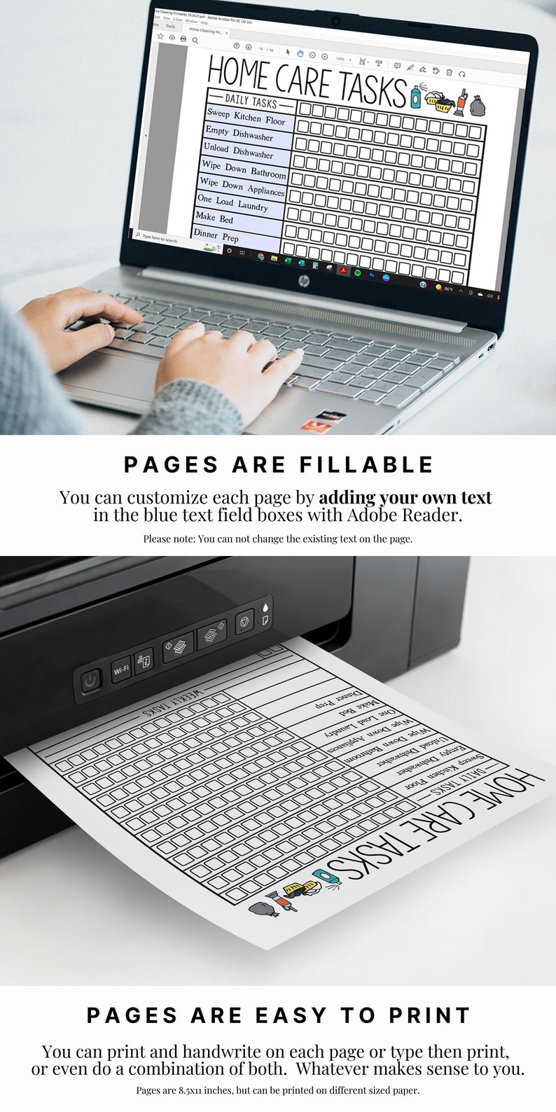 Puede incluir: Una lista de verificaci&oacute;n imprimible para tareas de cuidado del hogar. La lista incluye tareas como barrer el piso de la cocina, vaciar el lavavajillas y hacer la cama. La lista est&aacute; dise&ntilde;ada para ser completada con Adobe Reader.