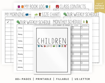 May include: Printable planner pages with a black and white design. The pages include sections for a book log, class contacts, a weekly schedule, a monthly schedule, and a section for children. The text "CHILDREN" is written in black with a line underneath. The text "80+ PAGES | PRINTABLE | FILLABLE | US LETTER" is written in black at the bottom of the page.