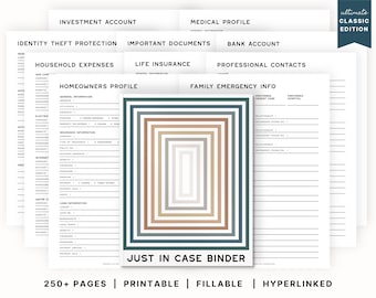 May include: A printable binder with the text "Just in Case Binder" and the words "250+ Pages | Printable | Fillable | Hyperlinked" at the bottom. The binder is designed to help organize important documents, including medical profiles, investment accounts, and family emergency information. The binder has a colorful design with multiple squares of different colors.