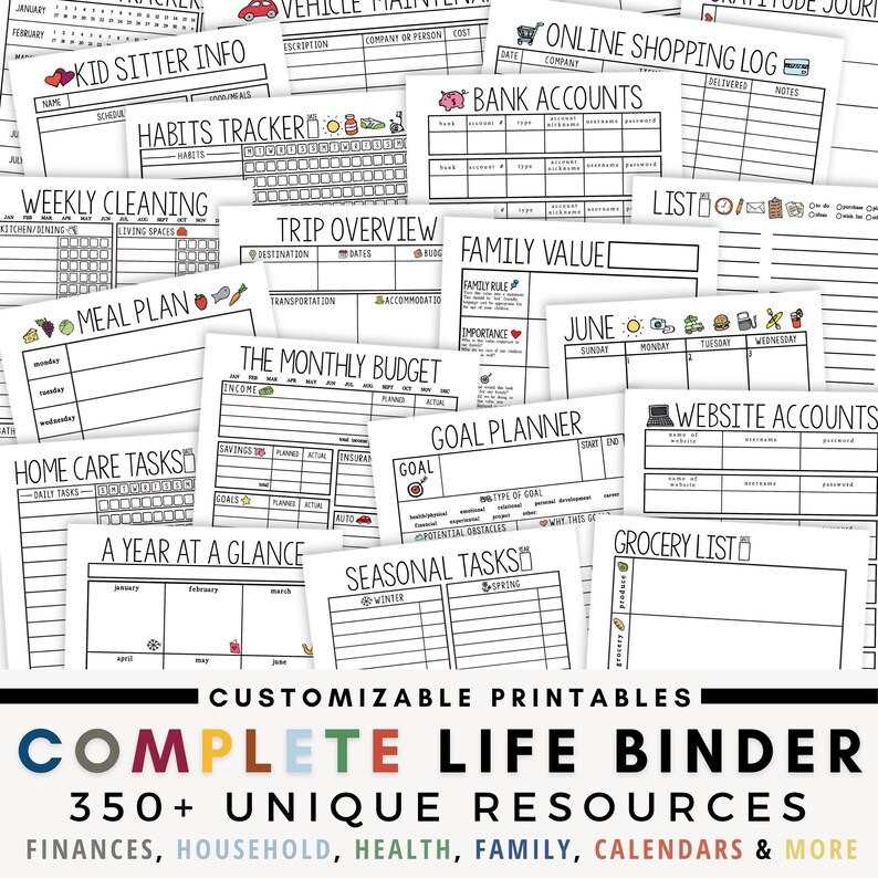 Home Management Planner Printables | Complete Life Binder | Finances & Budget | Cleaning | Meal Planners|  Household | Calendars | Digital 