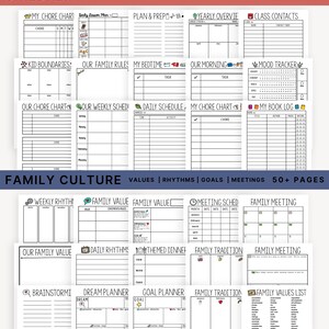 K&ouml;nnte beinhalten: Schwarz-wei&szlig;e druckbare Planerseiten zur Organisation des Familienlebens. Die Seiten beinhalten Abschnitte f&uuml;r Zeitpl&auml;ne, Schule, Informationen, Training, Familienkultur, Werte, Rhythmen, Ziele, Meetings, Aufgabenlisten, Schlafenszeitroutinen, Stimmungstracker, Buchtageb&uuml;cher, w&ouml;chentliche Rhythmen, Familienwerte, Themenabende, Familientraditionen, Brainstorming, Traum- und Zielplaner.