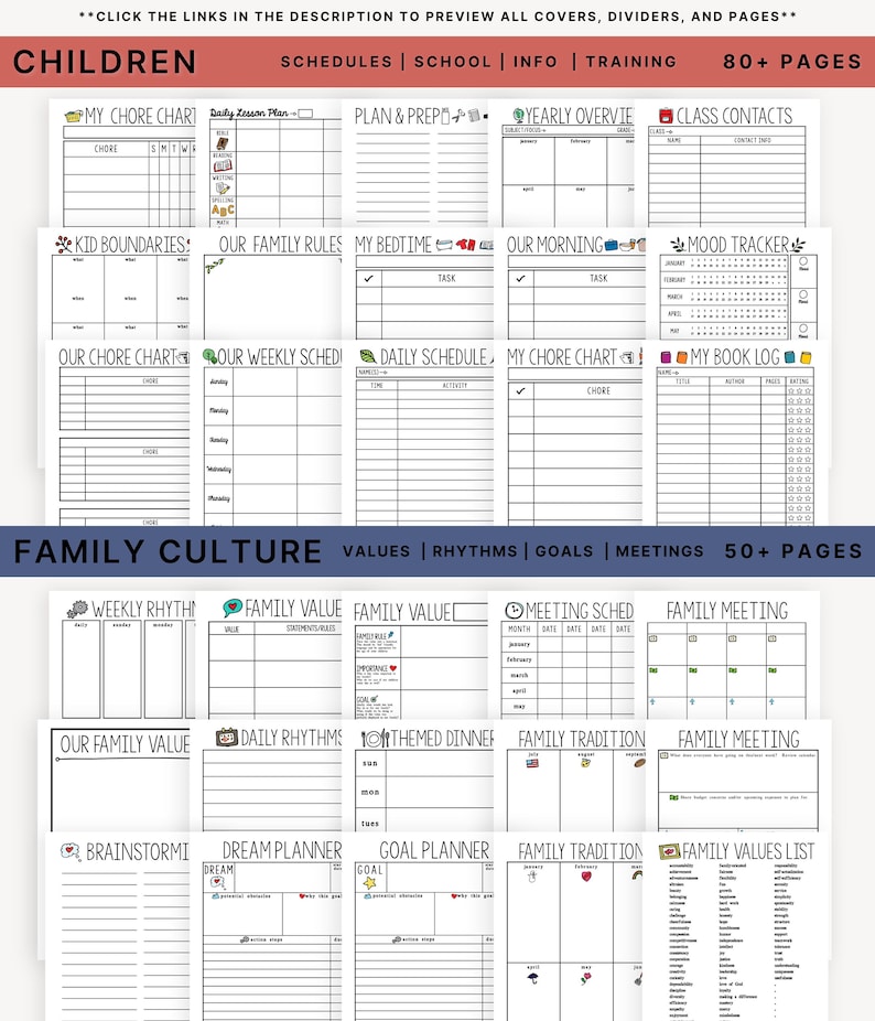 K&ouml;nnte beinhalten: Schwarz-wei&szlig;e druckbare Planerseiten zur Organisation des Familienlebens. Die Seiten beinhalten Abschnitte f&uuml;r Zeitpl&auml;ne, Schule, Informationen, Training, Familienkultur, Werte, Rhythmen, Ziele, Meetings, Aufgabenlisten, Schlafenszeitroutinen, Stimmungstracker, Buchtageb&uuml;cher, w&ouml;chentliche Rhythmen, Familienwerte, Themenabende, Familientraditionen, Brainstorming, Traum- und Zielplaner.