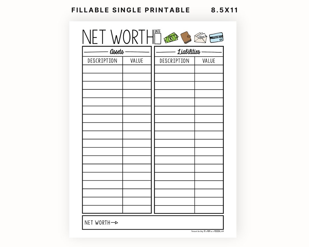 Net Worth Worksheet | Printable and Fillable PDF - Etsy