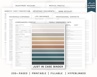 May include: A printable, fillable, and hyperlinked "Just in Case" binder with over 250 pages. The binder includes sections for important documents, medical information, household expenses, investment accounts, life insurance, professional contacts, and family emergency information. The binder has a modern design with a gradient color scheme.