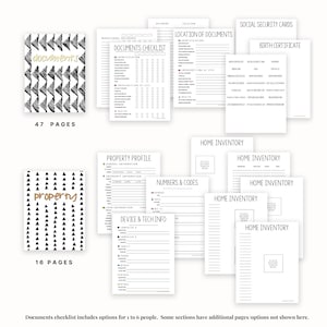May include: A printable set of black and white checklists and forms for organizing important documents, property information, and home inventory. The set includes a documents checklist, property profile, numbers and codes, device and tech info, and home inventory forms.