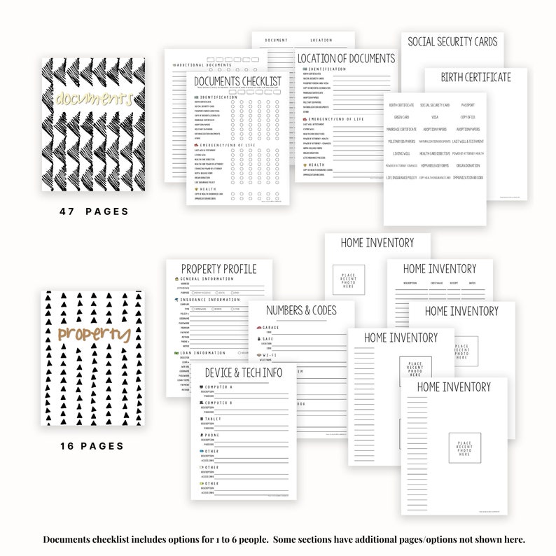 May include: A printable set of black and white checklists and forms for organizing important documents, property information, and home inventory. The set includes a documents checklist, property profile, numbers and codes, device and tech info, and home inventory forms.