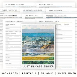 Può includere: Un raccoglitore "Just in Case" stampabile, compilabile e ipercollegato con oltre 300 pagine. Il raccoglitore include sezioni per conti pensionistici, protezione contro il furto di identità, spese domestiche, profilo medico, documenti importanti, conti bancari, assicurazione sulla vita, contatti professionali, profilo del proprietario e informazioni di emergenza familiare. Il raccoglitore è decorato con un dipinto astratto colorato.