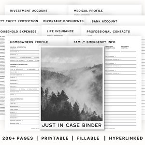 Puede incluir: Una imagen en blanco y negro de un bosque con niebla. La imagen es parte de un "Just in Case Binder" imprimible con más de 200 páginas. El archivador incluye secciones para documentos importantes, información médica, gastos del hogar, y más.