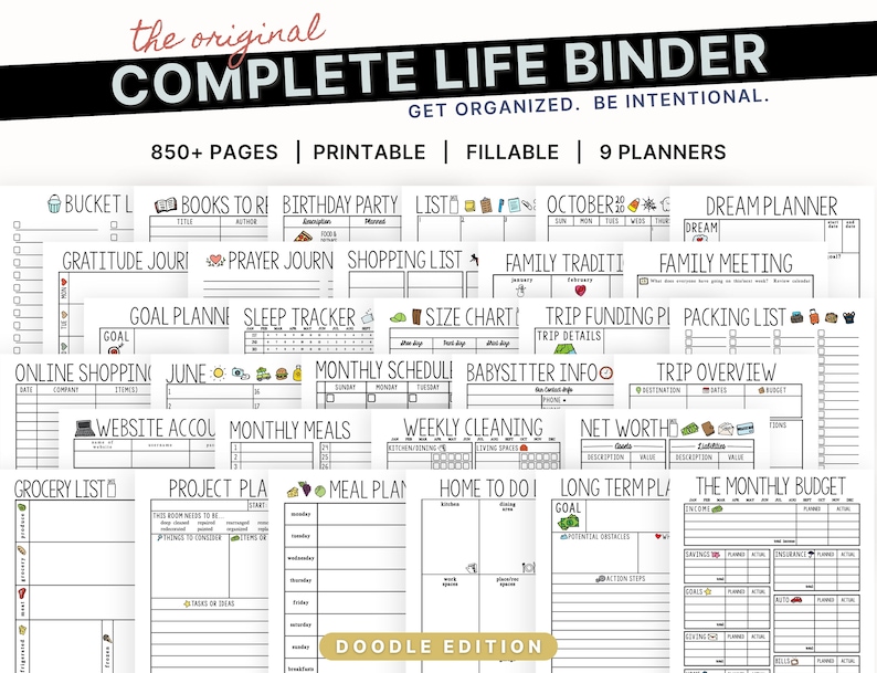 Puede incluir: Una carpeta de vida imprimible en blanco y negro con m&aacute;s de 850 p&aacute;ginas, 9 planificadores y el texto "Complete Life Binder" y "Get Organized. Be Intentional."