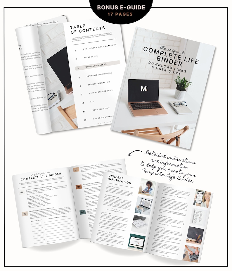 K&ouml;nnte beinhalten: Ein 17-seitiger E-Guide mit dem Titel "Complete Life Binder" mit einem Inhaltsverzeichnis, Download-Links und allgemeinen Informationen. Der Leitfaden enth&auml;lt Anweisungen zum Erstellen eines Ordners mit Abschnitten f&uuml;r Planung, Organisation und allgemeine Informationen.