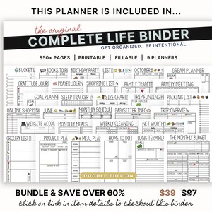 Puede incluir: Una imagen en blanco y negro de una carpeta de planificaci&oacute;n con el texto "The Original Complete Life Binder" y "Get Organized. Be Intentional." La carpeta incluye m&aacute;s de 850 p&aacute;ginas, es imprimible y rellenable, e incluye 9 planificadores. Los planificadores incluyen una lista de deseos, libros para leer, una lista de fiestas de cumplea&ntilde;os, un diario de gratitud, un diario de oraci&oacute;n, una lista de compras, tradiciones familiares, una reuni&oacute;n familiar, un planificador de objetivos, un rastreador de sue&ntilde;o, una tabla de tallas, un plan de financiaci&oacute;n de viajes, una lista de empaque, compras en l&iacute;nea, junio, un horario mensual, informaci&oacute;n sobre la ni&ntilde;era, una descripci&oacute;n general del viaje, una cuenta de sitio web, comidas mensuales, limpieza semanal, patrimonio neto, una lista de comestibles, un plan de proyecto, un plan de comidas, tareas para el hogar, un plan a largo plazo y el presupuesto mensual.