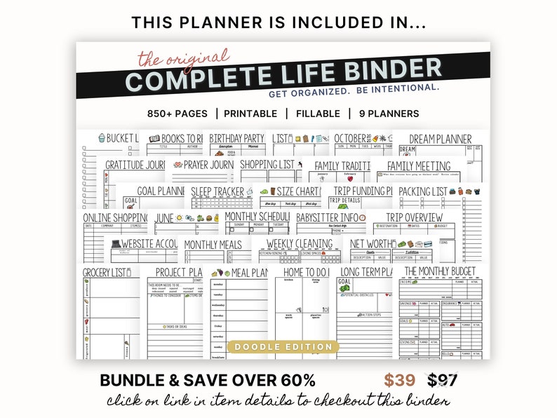 Puede incluir: Una imagen en blanco y negro de una carpeta de planificaci&oacute;n con el texto "The Original Complete Life Binder" y "Get Organized. Be Intentional." La carpeta incluye m&aacute;s de 850 p&aacute;ginas, es imprimible y rellenable, e incluye 9 planificadores. Los planificadores incluyen una lista de deseos, libros para leer, una lista de fiestas de cumplea&ntilde;os, un diario de gratitud, un diario de oraci&oacute;n, una lista de compras, tradiciones familiares, una reuni&oacute;n familiar, un planificador de objetivos, un rastreador de sue&ntilde;o, una tabla de tallas, un plan de financiaci&oacute;n de viajes, una lista de empaque, compras en l&iacute;nea, junio, un horario mensual, informaci&oacute;n sobre la ni&ntilde;era, una descripci&oacute;n general del viaje, una cuenta de sitio web, comidas mensuales, limpieza semanal, patrimonio neto, una lista de comestibles, un plan de proyecto, un plan de comidas, tareas para el hogar, un plan a largo plazo y el presupuesto mensual.