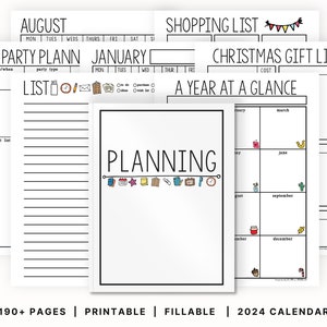 May include: A printable 2024 calendar with doodle illustrations. The calendar includes pages for a year at a glance, monthly calendars, party planning, shopping lists, and Christmas gift lists.