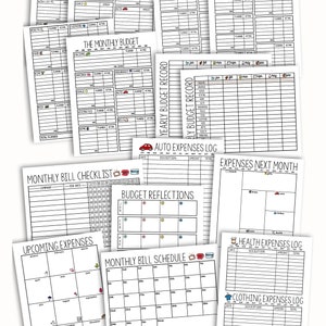 Puede incluir: Un conjunto de p&aacute;ginas de planificaci&oacute;n de presupuesto imprimibles con ilustraciones en blanco y negro. Las p&aacute;ginas incluyen secciones para ingresos, ahorros, seguros, objetivos, autom&oacute;viles y gastos. Las p&aacute;ginas est&aacute;n dise&ntilde;adas para ayudar a las personas a realizar un seguimiento de sus finanzas y crear un presupuesto.