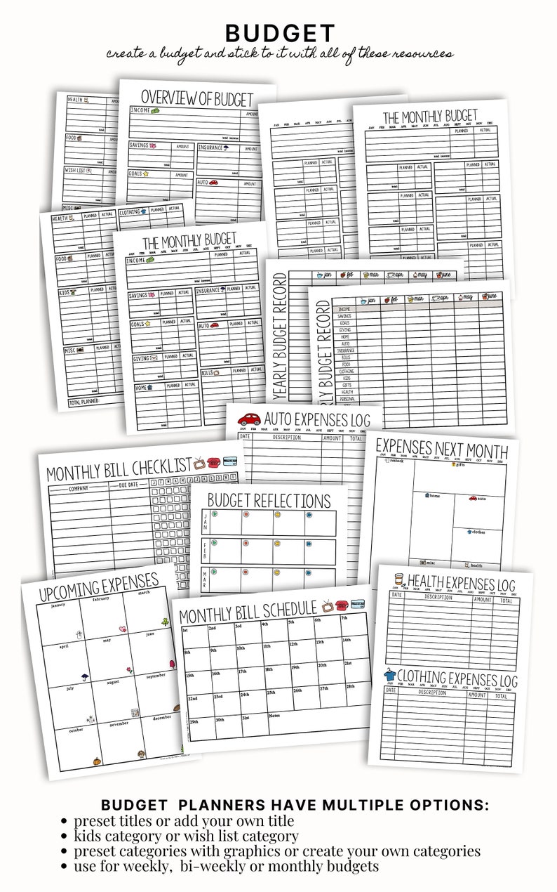Puede incluir: Un conjunto de p&aacute;ginas de planificaci&oacute;n de presupuesto imprimibles con ilustraciones en blanco y negro. Las p&aacute;ginas incluyen secciones para ingresos, ahorros, seguros, objetivos, autom&oacute;viles y gastos. Las p&aacute;ginas est&aacute;n dise&ntilde;adas para ayudar a las personas a realizar un seguimiento de sus finanzas y crear un presupuesto.