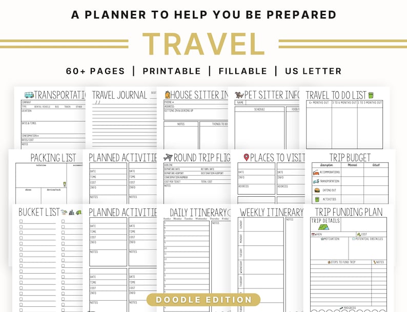 May include: A printable travel planner with a doodle style design. The planner includes sections for transportation, packing lists, planned activities, daily itineraries, weekly itineraries, trip budgets, and more.