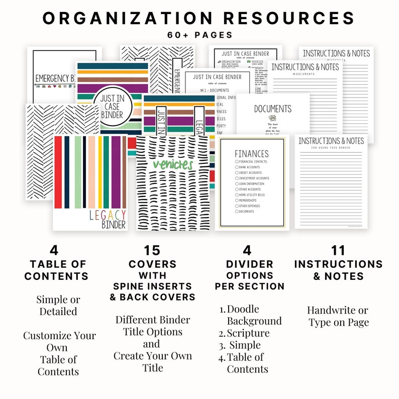 May include: A colorful graphic showing different options for organizing resources. The graphic includes 15 covers with spine inserts and back covers, 4 table of contents options, 4 divider options per section, and 11 instructions and notes pages. The graphic also includes the text "Organization Resources 60+ Pages".
