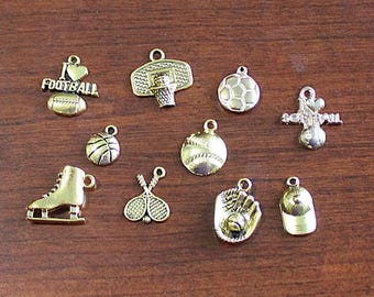 Mixed Lot Gold Toned Sports Charms, Basketball, Baseball, Football, Soccer, Tennis, Ice Skate, Mitt