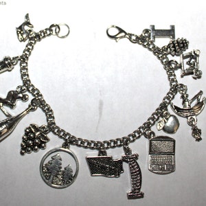 May include: A silver charm bracelet with various charms, including a wine bottle, grapes, a skiier, a pine tree, a laptop, an apple, a boat, a building, and a state outline.