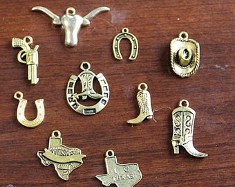 Liquidation Sale of Western Charms, Mixed Lot of Cowgirl Charms, Gold Toned Texas Charms, Country Western  Charms