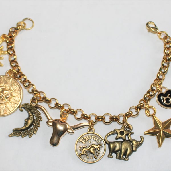 Gold Taurus Charm Bracelet, Stainless Steel Zodiac Charm Bracelet, Gold Taurus Birthday Bracelet, Taurus Charm Bracelet, Astrology Bracelet