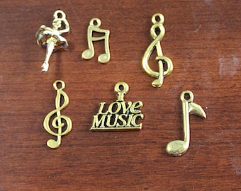Liquidation Sale of Gold Tone Music Charms Mixed Lot, Ballet Dancer, Treble Clef, Eighth Note