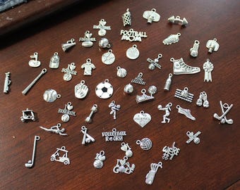 Mixed Lot Sports Charms, Basketball, Baseball, Football, Soccer, Tennis, Golfing, Volleyball,