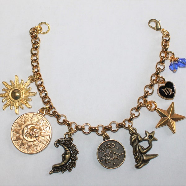 Gold Virgo Charm Bracelet, Stainless Steel Zodiac Charm Bracelet, Virgo Birthday Bracelet, Virgo Charm Bracelet, Astrology Bracelet,